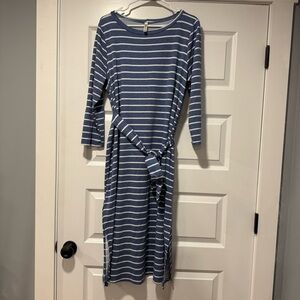 Emerald Blue and White Striped Midi Dress with Attached Belt
